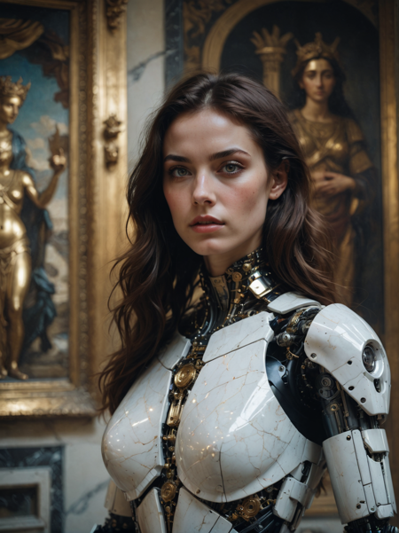 31072630-2946499994-cinematic film still, close up, a robot woman stands tall, half-human half machine, amongst an ancient Greek gallery of painting.png